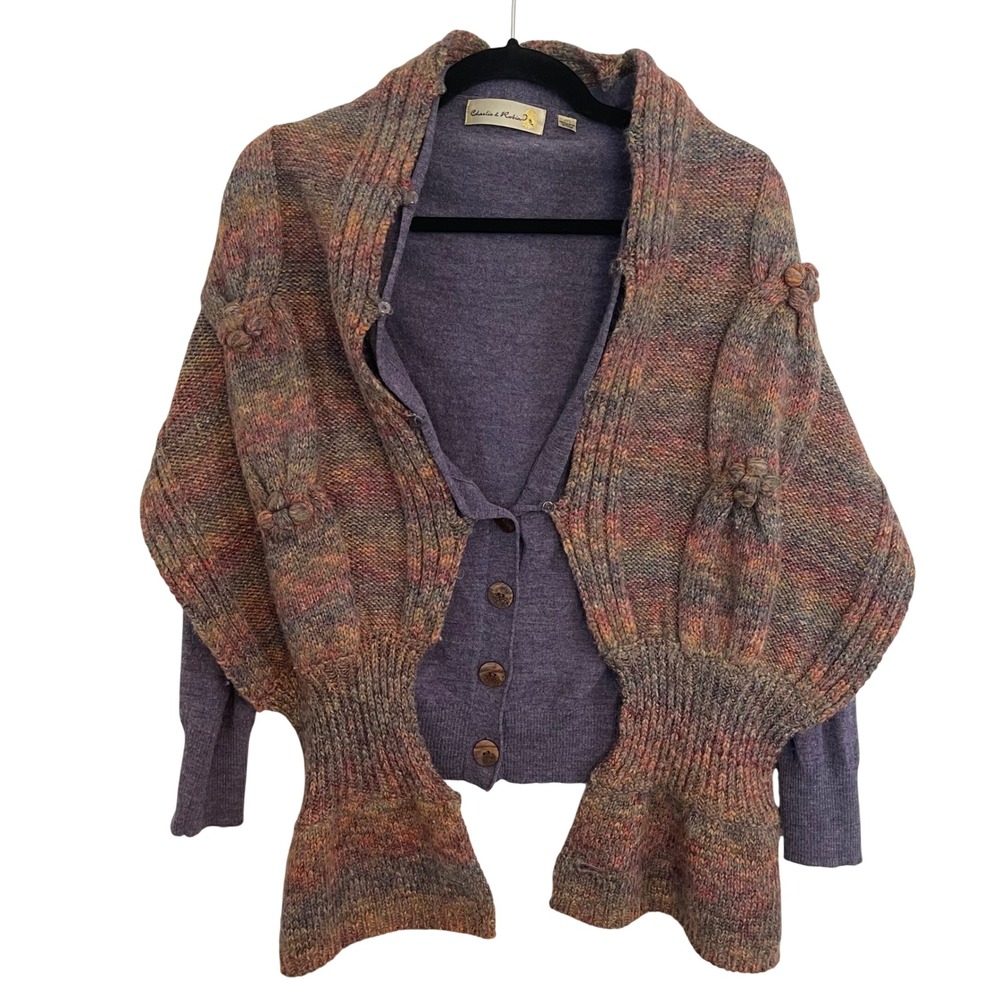 Charlie & Robin Womens Wool Cardigan Shrug Set Purple Multi Knit Size M